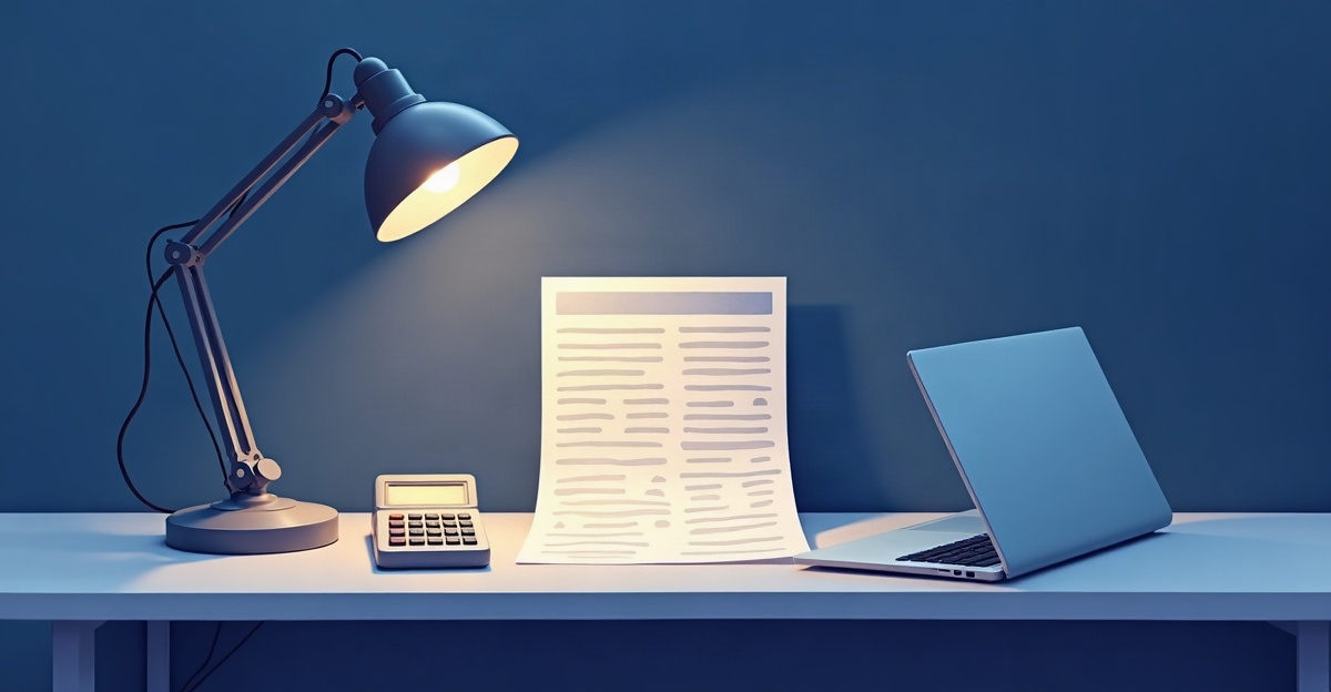 A printed spreadsheet under a desk lamp beside a calculator and a closed laptop