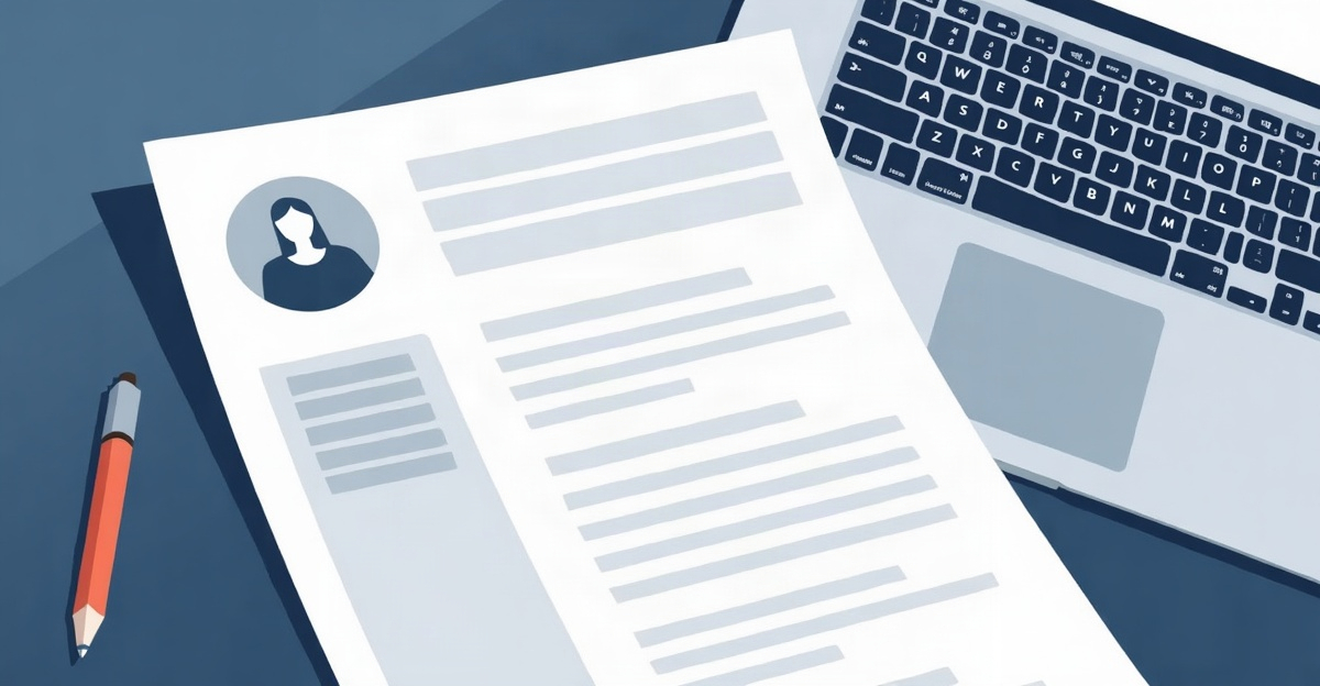A printed resume beside a laptop showing an application form with empty fields