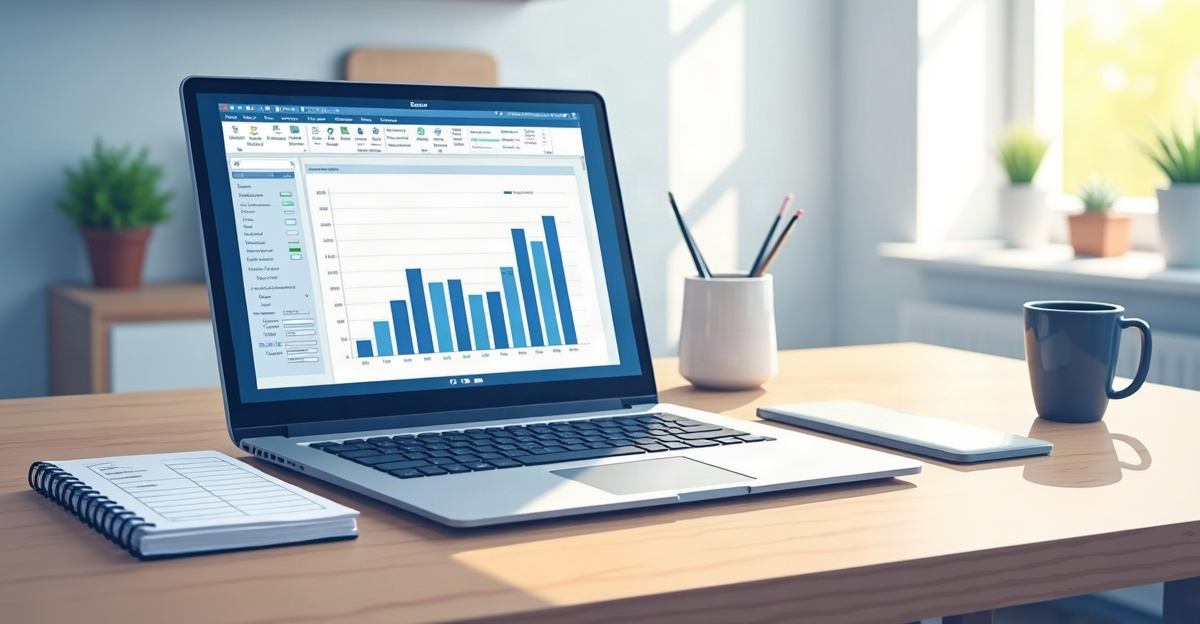 A laptop showing a spreadsheet and bar chart beside a handwritten notebook on a kitchen table
