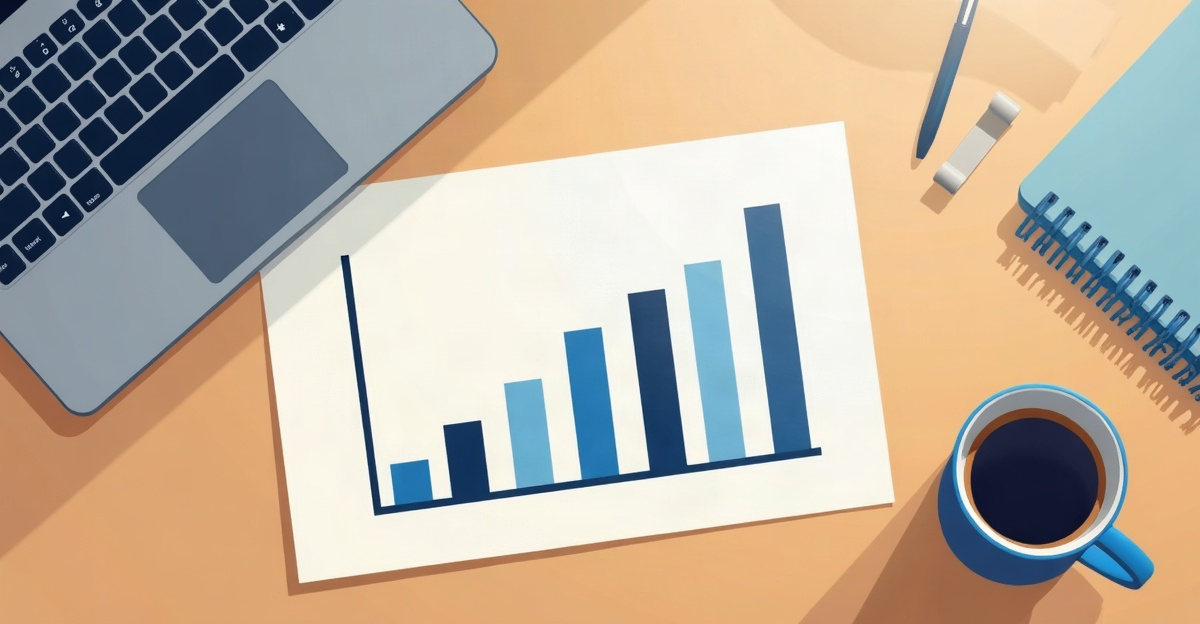 A printed bar chart on a desk beside a closed laptop and a mug of coffee