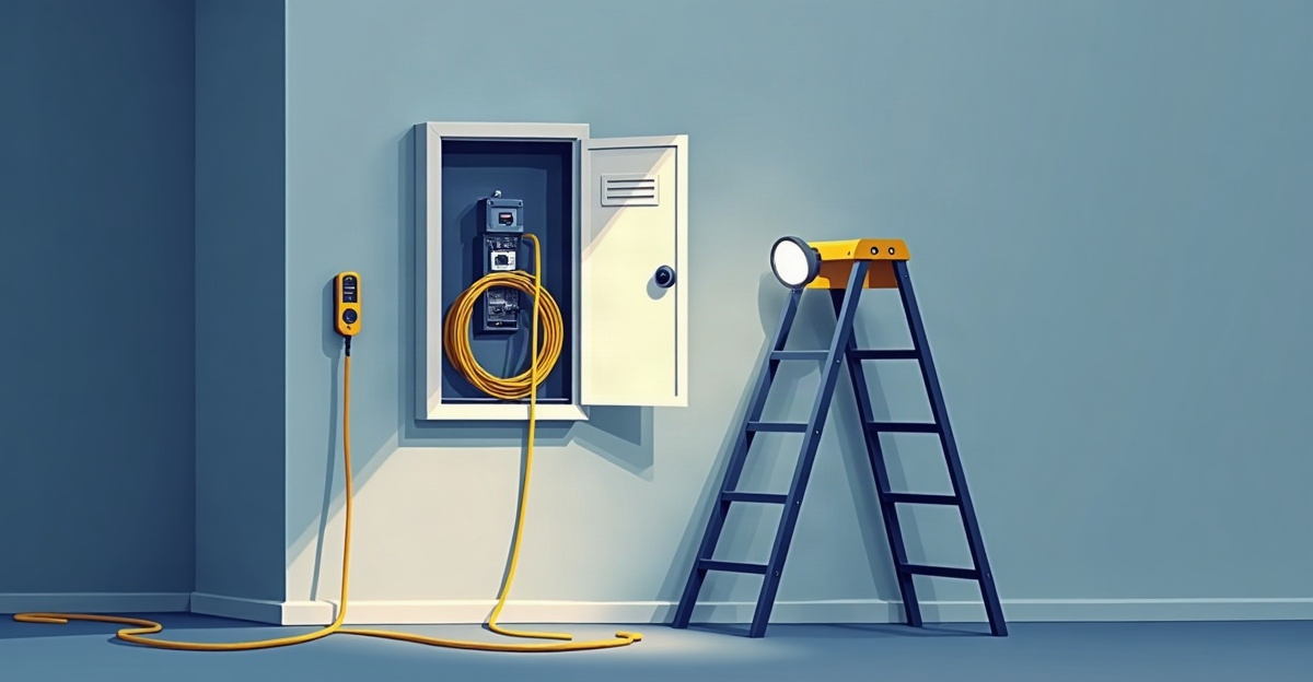 An open electrical panel on a wall beside a ladder holding a voltage tester and a coil of cable