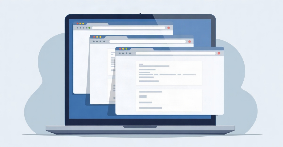 Three overlapping browser windows on a laptop, each showing a differently laid out empty application form