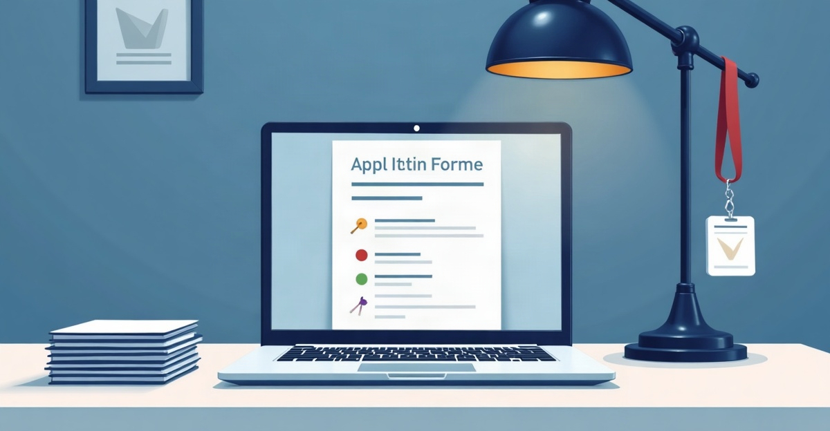 A back-office desk with a laptop showing an empty application form and an employee badge lying next to it