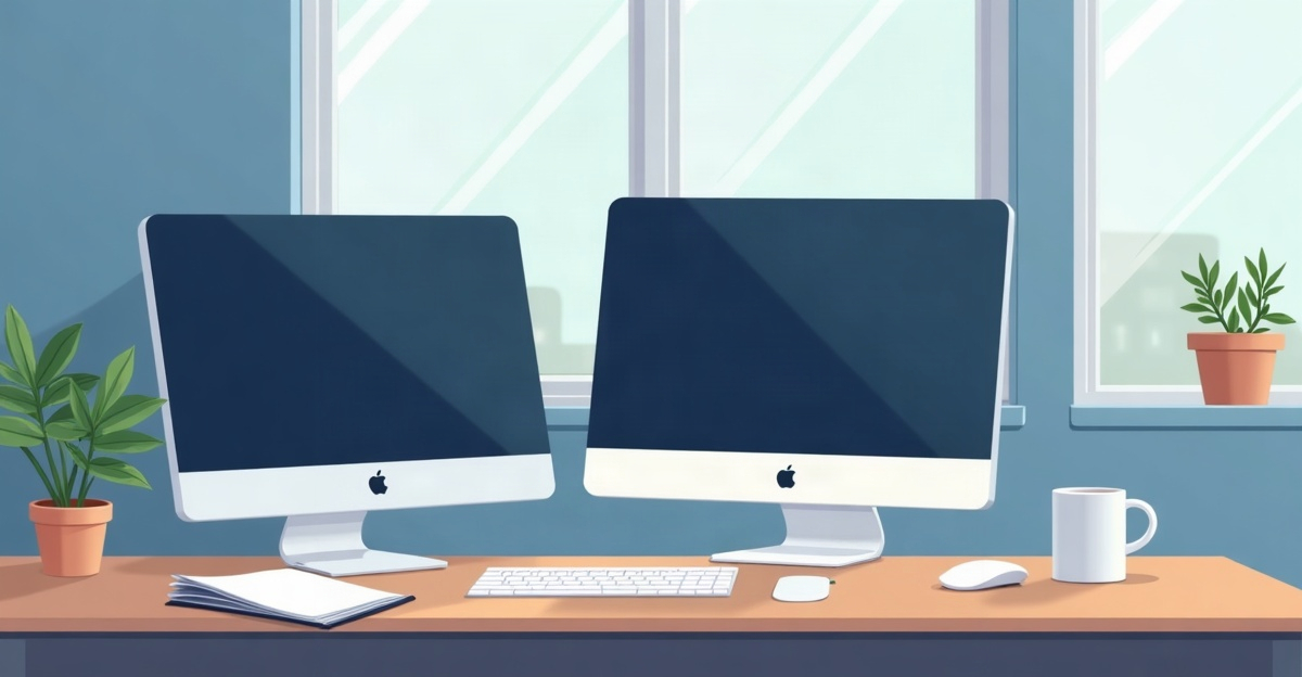 A home desk beside a window with two blank monitors, a mug and a face-down stack of paper