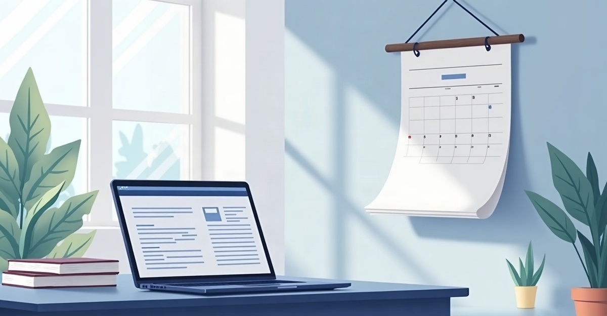 A wall calendar next to a kitchen table with an open laptop showing an application form