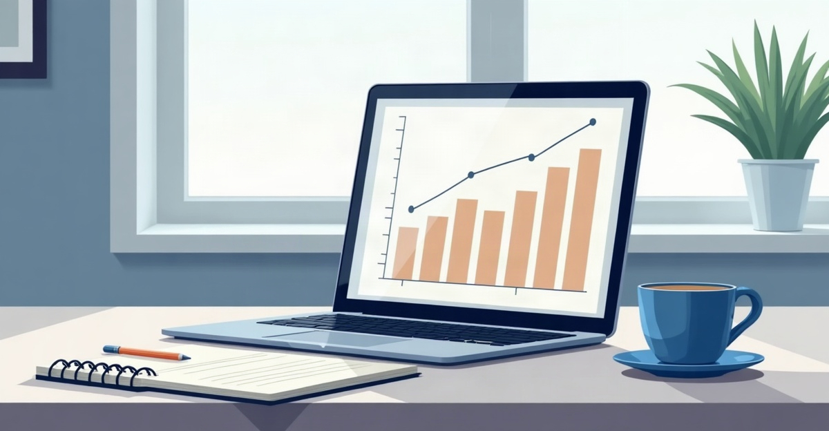 A laptop showing an unlabelled bar chart on a kitchen table next to a notebook with hand-drawn axes