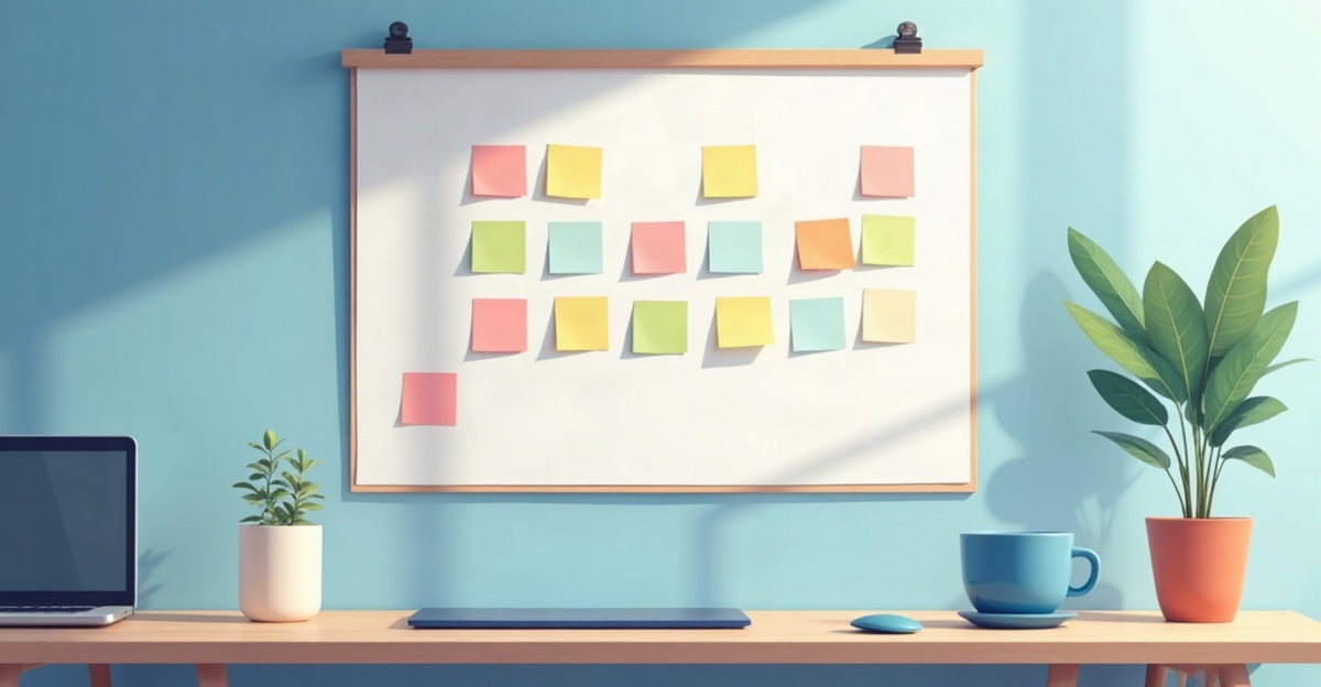 Coloured sticky notes arranged in three columns across a wall calendar above a desk