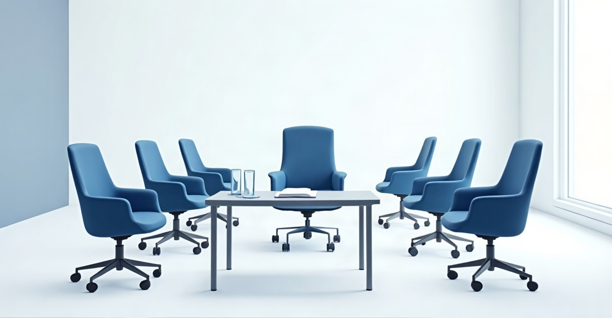 Five empty chairs in an arc facing one chair across a meeting-room table