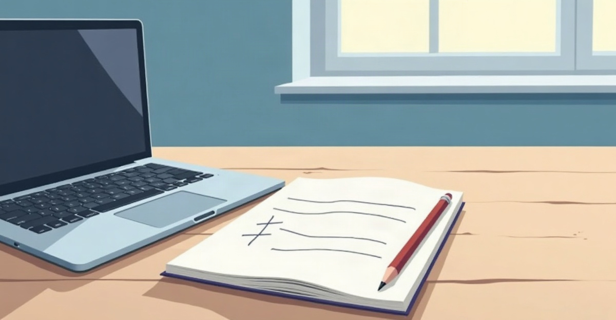 A laptop beside a notebook with a hand-drawn line and two tick marks, on a kitchen table in morning light