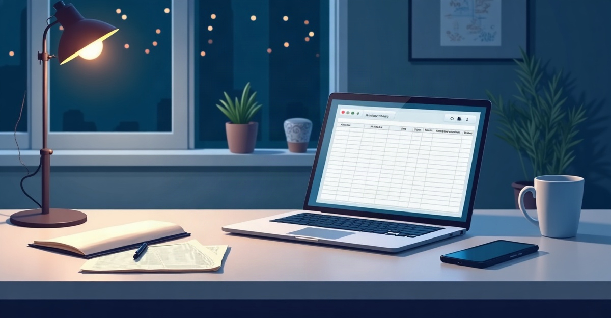 A laptop showing an empty spreadsheet grid on a kitchen table beside a ruled notebook and a mug