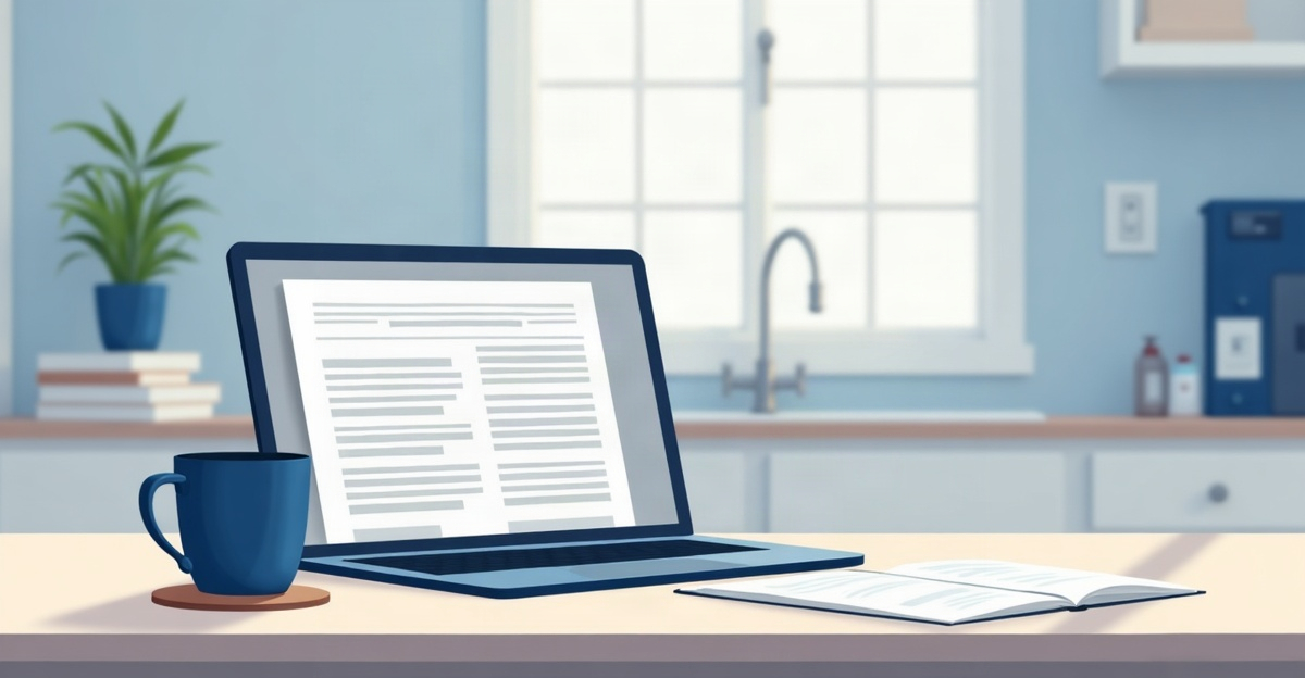 A laptop showing an empty application form on a kitchen table beside a face-down printed letter