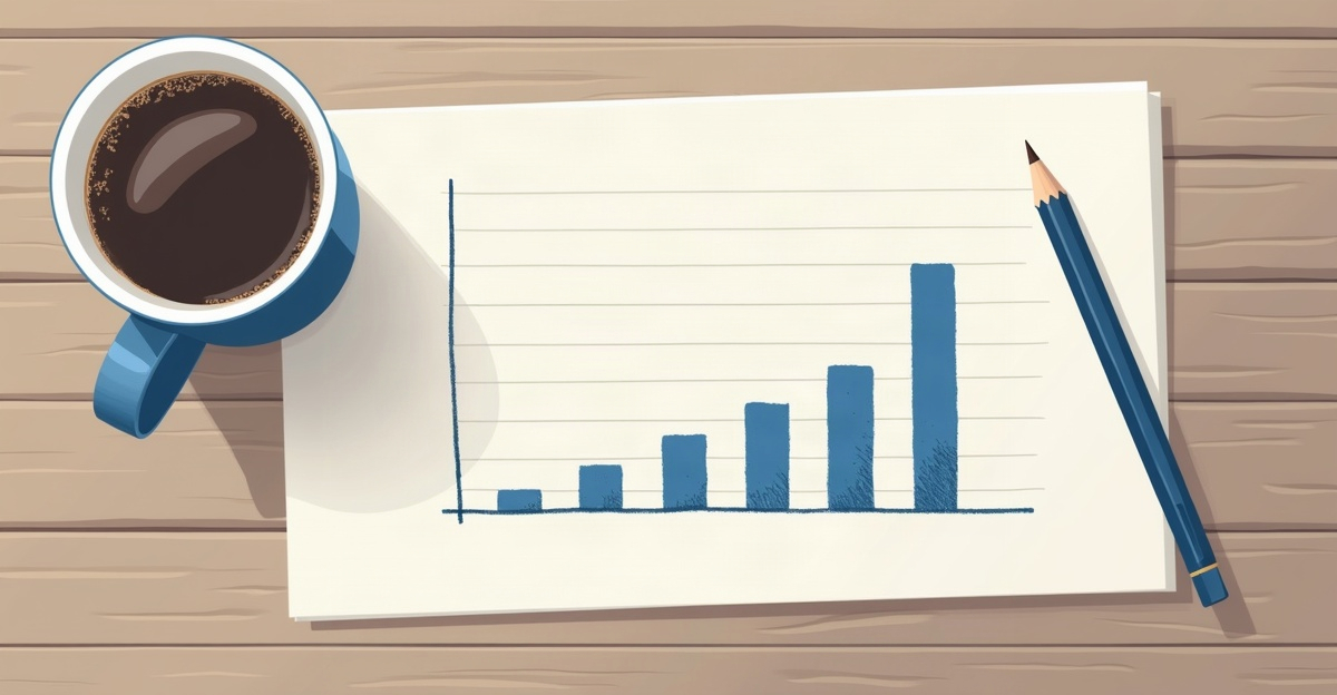 A hand-drawn bar chart on graph paper beside a coffee cup