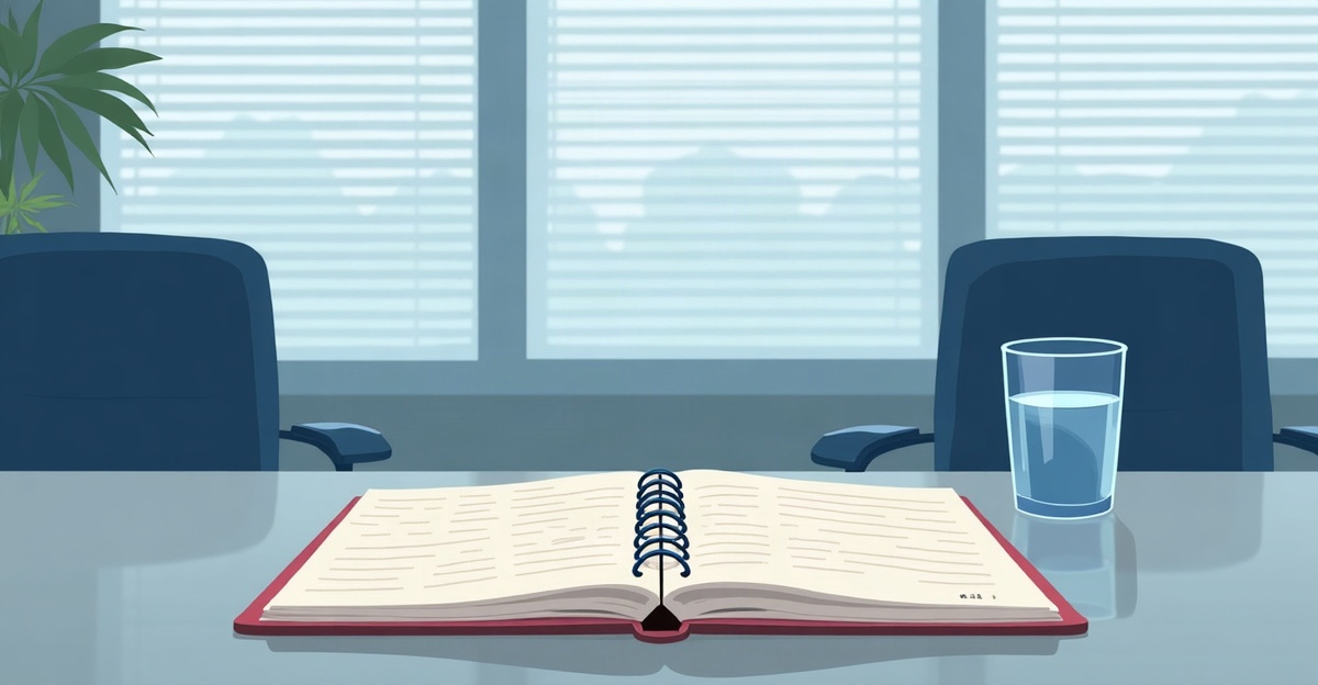 An open notebook and a water glass on a conference table beside two empty chairs