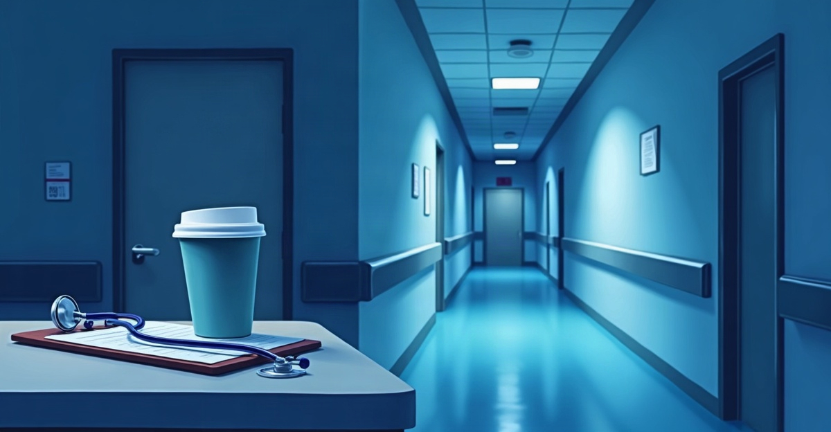 A hospital nurses station counter at night with a stethoscope and a coffee cup