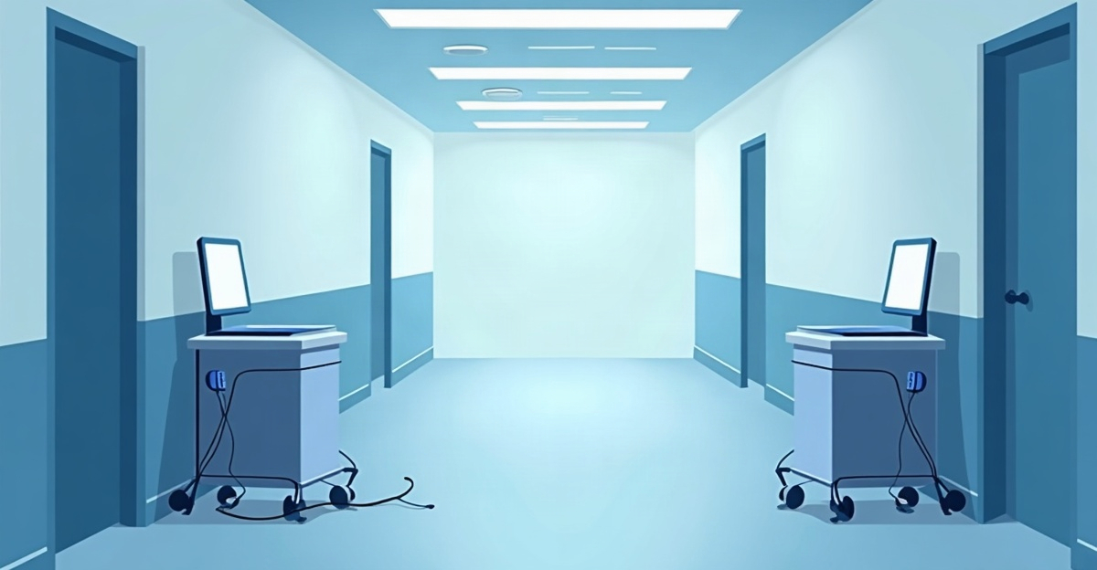An empty hospital corridor with two rolling computer workstations and a coiled stethoscope