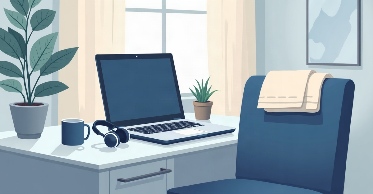 A headset resting on a closed laptop at a small desk in a spare bedroom