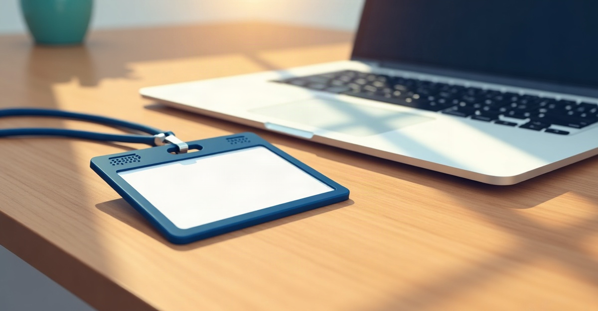 A blank name badge on a desk beside a laptop showing an empty application form