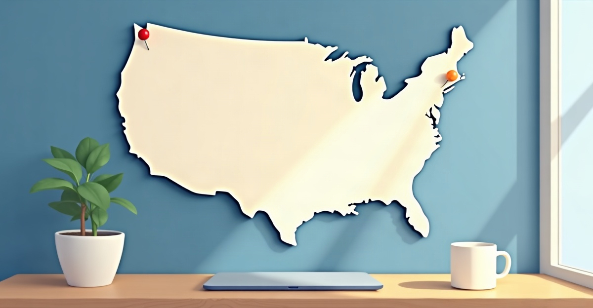 A wall map of the United States with four pins in it, above a closed laptop and a mug on a desk
