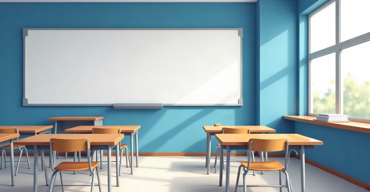 An empty classroom with small desks and a stack of paper on the teacher's desk
