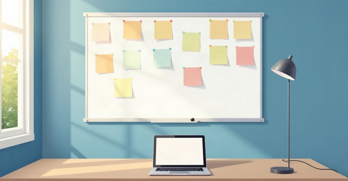 A whiteboard of blank sticky notes in three columns above a laptop showing an empty task grid