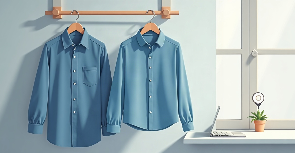 A plain collared shirt hanging over an open laptop beside an unlit ring light