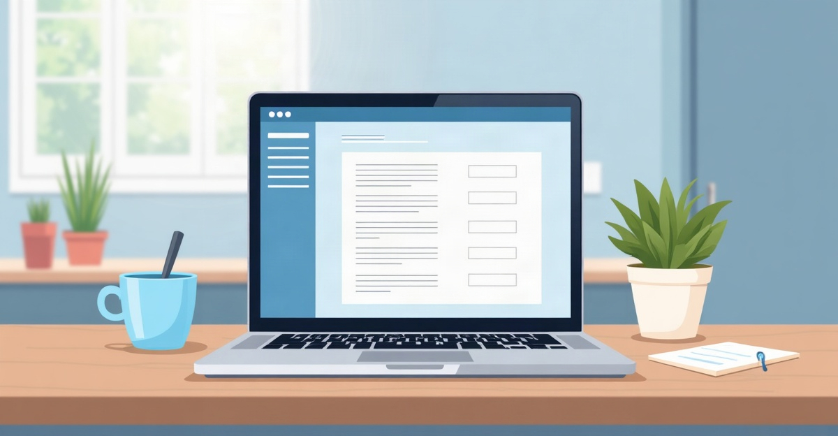 A laptop showing an application form with a wide empty text box under several completed dropdown fields