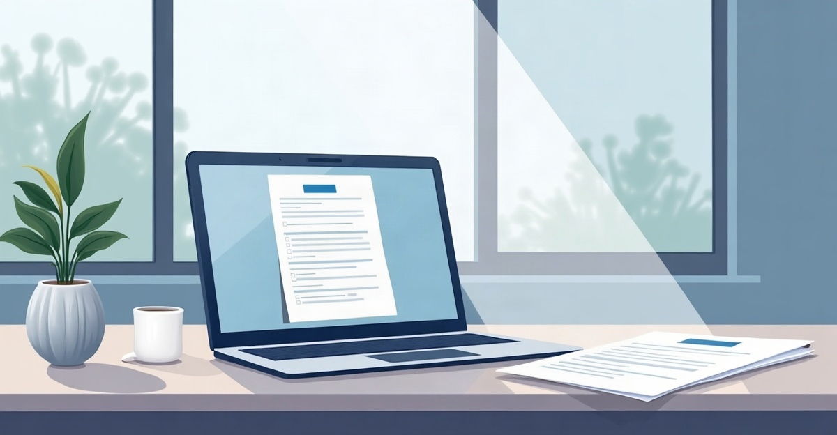 A laptop showing a partly filled application form beside a printed resume on a table